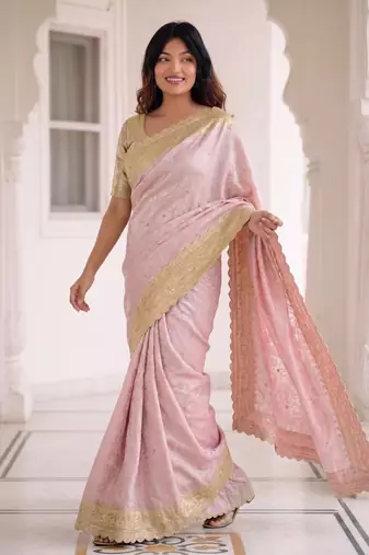 fascinating baby-pink c-pallu embroidery work & cutwork arco border kanjivarm silk blend indian designer saree