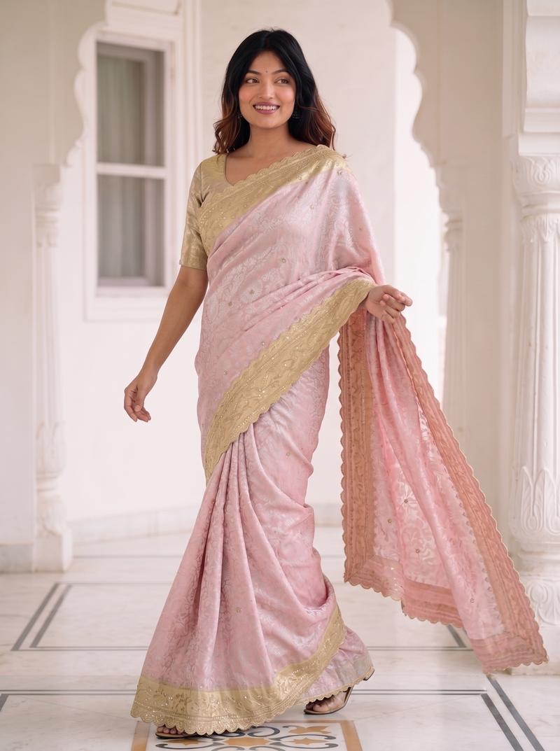 fascinating baby-pink c-pallu embroidery work & cutwork arco border kanjivarm silk blend indian designer saree