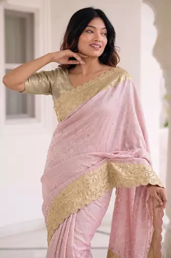 fascinating baby-pink c-pallu embroidery work & cutwork arco border kanjivarm silk blend indian designer saree