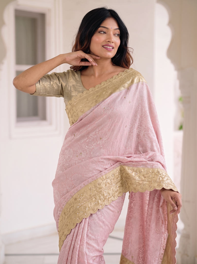 fascinating baby-pink c-pallu embroidery work & cutwork arco border kanjivarm silk blend indian designer saree