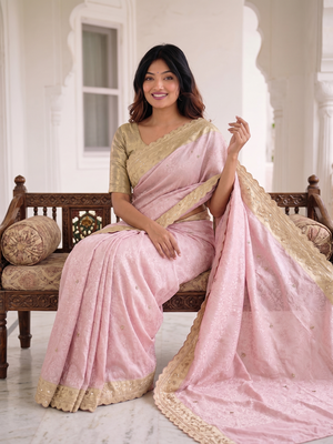 fascinating baby-pink c-pallu embroidery work & cutwork arco border kanjivarm silk blend indian designer saree 5