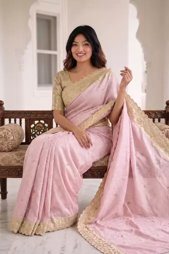 fascinating baby-pink c-pallu embroidery work & cutwork arco border kanjivarm silk blend indian designer saree