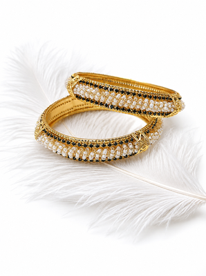 Gold-toned pearl bangle set with ruby & emerald stones set of 4 bangles, traditional design, festive wear. 1