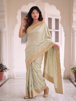 intriguing biege gold c-pallu embroidery work & cutwork arco border kanjivarm silk blend indian ceremonian saree 1