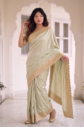 intriguing biege gold c-pallu embroidery work & cutwork arco border kanjivarm silk blend indian ceremonian saree