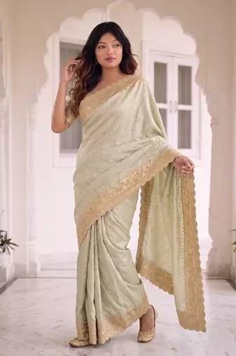intriguing biege gold c-pallu embroidery work & cutwork arco border kanjivarm silk blend indian ceremonian saree