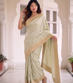 intriguing biege gold c-pallu embroidery work & cutwork arco border kanjivarm silk blend indian ceremonian saree