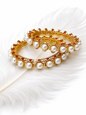 Pearl & ruby stone gold-toned bangles for women, set of 2 floral filigree design, traditional indian wear. 1