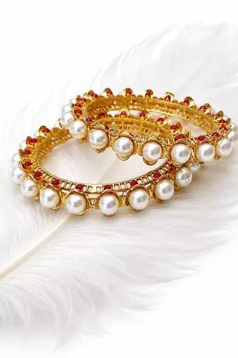 Pearl & ruby stone gold-toned bangles for women, set of 2 floral filigree design, traditional indian wear.