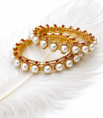 Pearl & ruby stone gold-toned bangles for women, set of 2 floral filigree design, traditional indian wear.