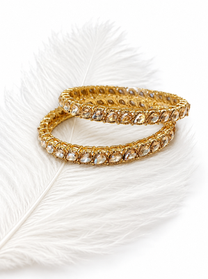 Gold-toned pearl bangle set with ruby & emerald stones set of 4 bangles, traditional design, festive wear. 1