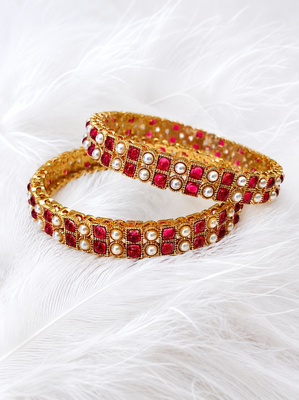 Gold-toned pearl bangle set with ruby & emerald stones 1