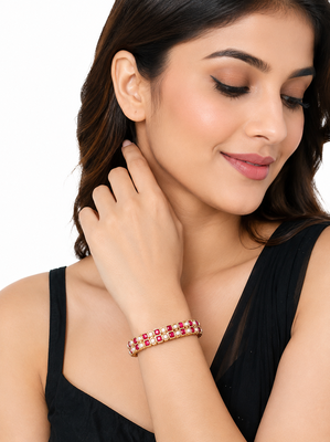 Gold-toned pearl bangle set with ruby & emerald stones 2