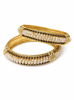 Gold-toned pearl bangle set with ruby & emerald stones set of 4 bangles, traditional design, festive wear. 3