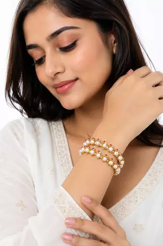 Pearl & ruby stone gold-toned bangles for women, set of 2 floral filigree design, traditional indian wear.