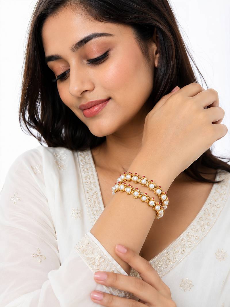 Pearl & ruby stone gold-toned bangles for women, set of 2 floral filigree design, traditional indian wear.