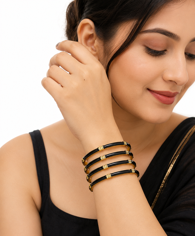 Gold-toned pearl bangle set with ruby & emerald stones set of 4 bangles, traditional design, festive wear.