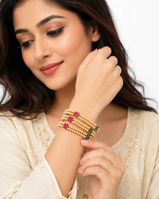 Gold-toned pearl bangle set with ruby & emerald stones set of 4 bangles, traditional design, festive wear. 2