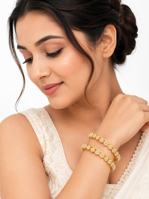 Silver-toned floral bangle set with red and green stones crystal embellished, marquise cut stones, set of 2 bangles. 2