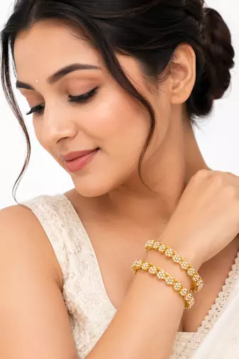 Silver-toned floral bangle set with red and green stones crystal embellished, marquise cut stones, set of 2 bangles.