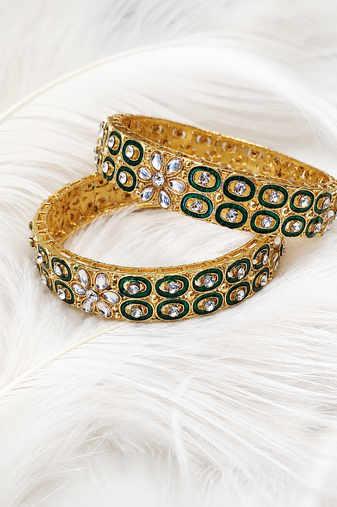 Rose gold crystal studded bangles set of 2 for women ab crystal stones, intricate chain design, festive wear.