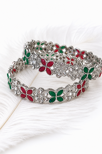 Silver-toned floral bangle set with red and green stones crystal embellished, marquise cut stones, set of 2 bangles.