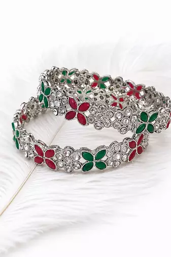 Silver-toned floral bangle set with red and green stones crystal embellished, marquise cut stones, set of 2 bangles.