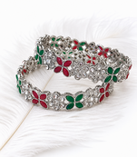 Silver-toned floral bangle set with red and green stones crystal embellished, marquise cut stones, set of 2 bangles.