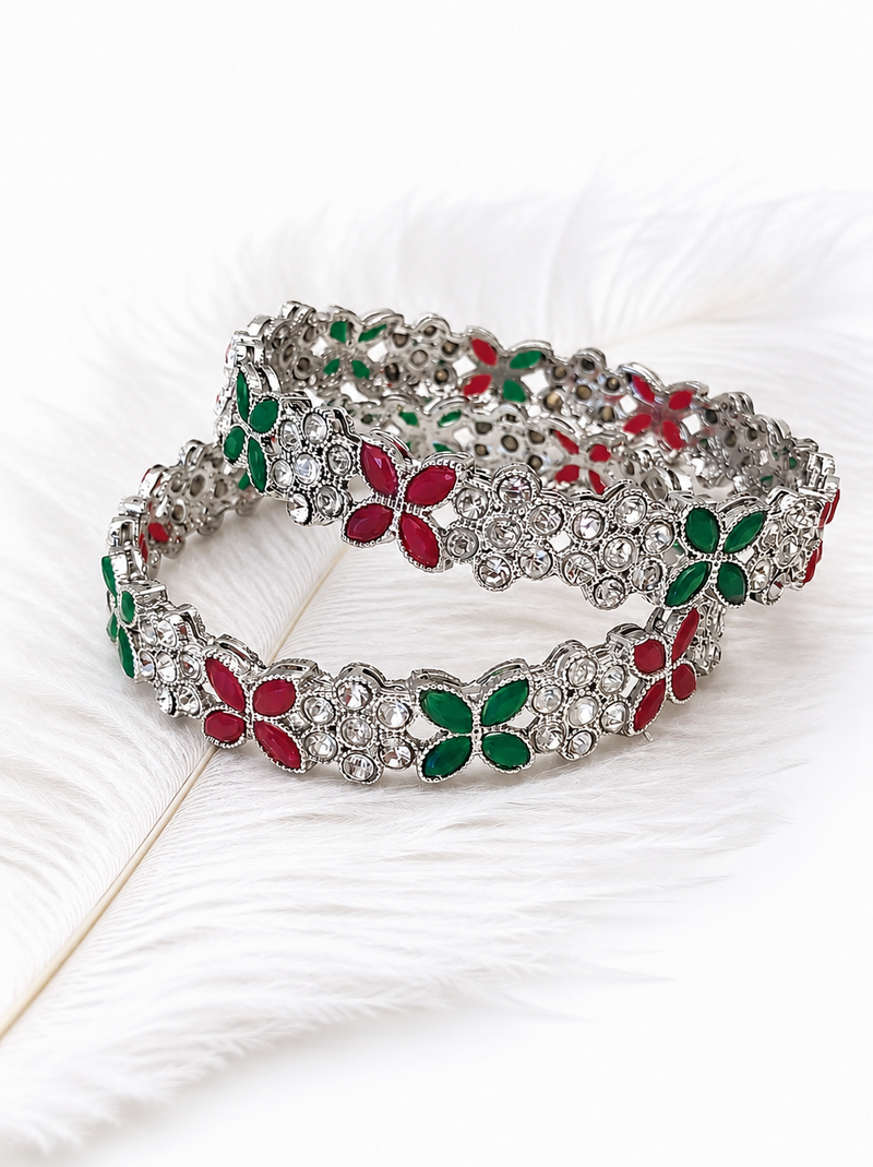 Silver-toned floral bangle set with red and green stones crystal embellished, marquise cut stones, set of 2 bangles.
