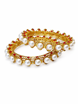 Pearl & ruby stone gold-toned bangles for women, set of 2 floral filigree design, traditional indian wear. 3