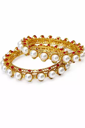 Pearl & ruby stone gold-toned bangles for women, set of 2 floral filigree design, traditional indian wear.