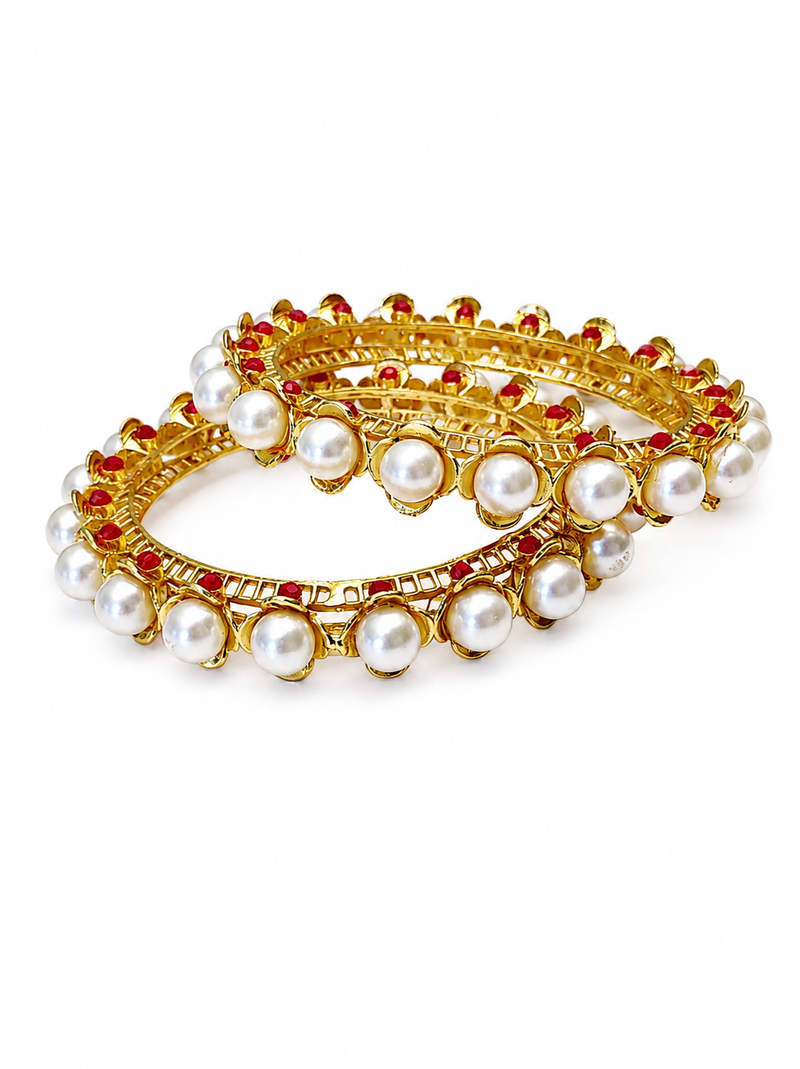 Pearl & ruby stone gold-toned bangles for women, set of 2 floral filigree design, traditional indian wear.