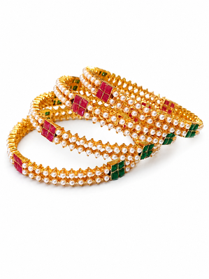 Gold-toned pearl bangle set with ruby & emerald stones set of 4 bangles, traditional design, festive wear. 3