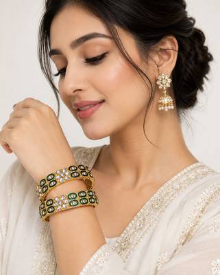 Rose gold crystal studded bangles set of 2 for women ab crystal stones, intricate chain design, festive wear. 2