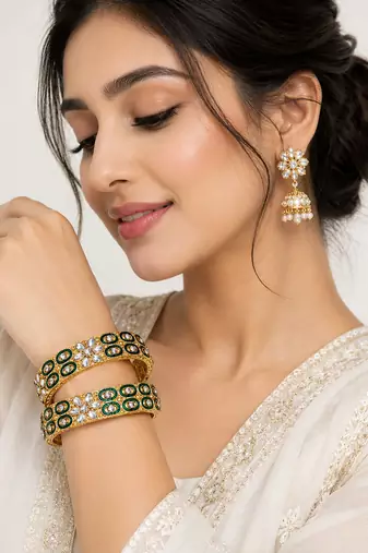 Rose gold crystal studded bangles set of 2 for women ab crystal stones, intricate chain design, festive wear.