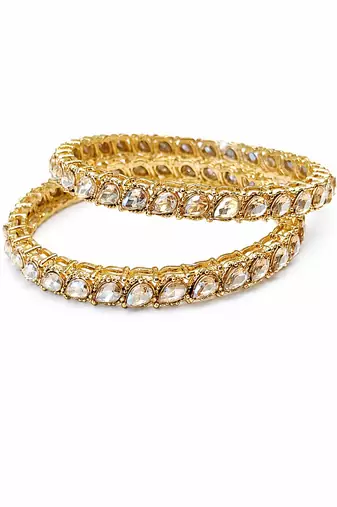 Gold-toned pearl bangle set with ruby & emerald stones set of 4 bangles, traditional design, festive wear.
