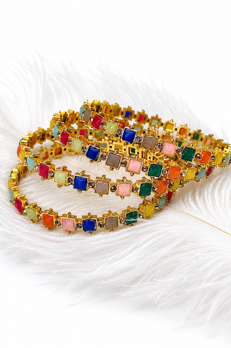 Gold-toned kundan bangles with teardrop stones, set of 2 filigree design, ethnic wear, white stone embellished.