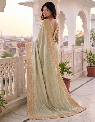 intriguing biege gold c-pallu embroidery work & cutwork arco border kanjivarm silk blend indian ceremonian saree 3