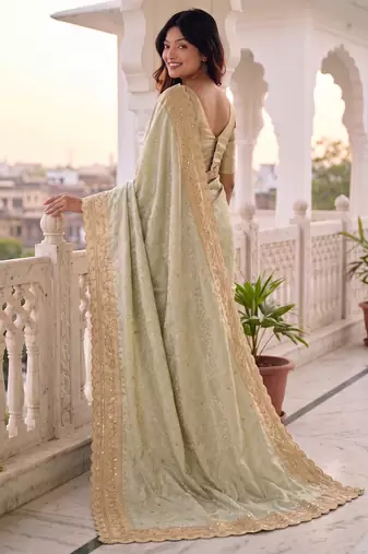 intriguing biege gold c-pallu embroidery work & cutwork arco border kanjivarm silk blend indian ceremonian saree