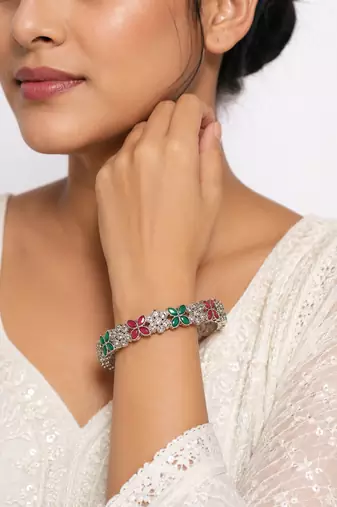 Silver-toned floral bangle set with red and green stones crystal embellished, marquise cut stones, set of 2 bangles.