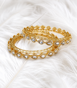 Gold-toned kundan bangles with teardrop stones, set of 2 filigree design, ethnic wear, white stone embellished.