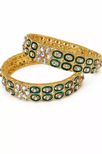 Rose gold crystal studded bangles set of 2 for women ab crystal stones, intricate chain design, festive wear.