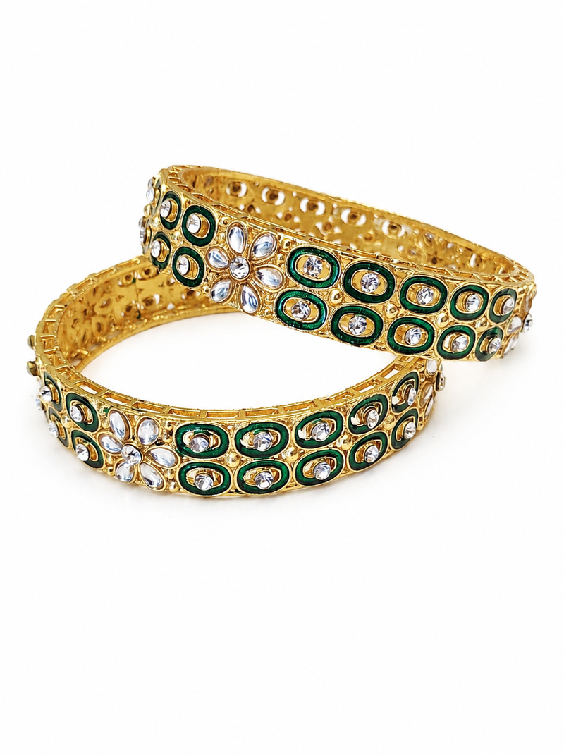 Rose gold crystal studded bangles set of 2 for women ab crystal stones, intricate chain design, festive wear.