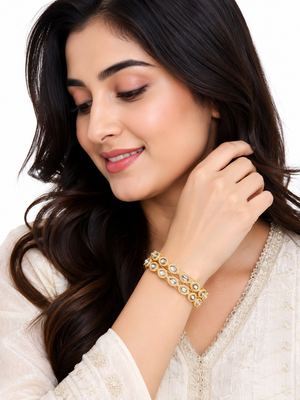 Gold-toned kundan bangles with teardrop stones, set of 2 filigree design, ethnic wear, white stone embellished. 2