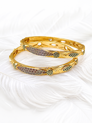 Gold-plated engraved bangles for women, set of 2 traditional design, floral engraving, ethnic wear, pair of bangles. 1