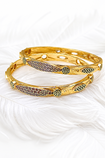 Gold-plated engraved bangles for women, set of 2 traditional design, floral engraving, ethnic wear, pair of bangles.