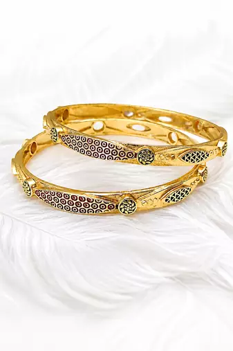 Gold-plated engraved bangles for women, set of 2 traditional design, floral engraving, ethnic wear, pair of bangles.