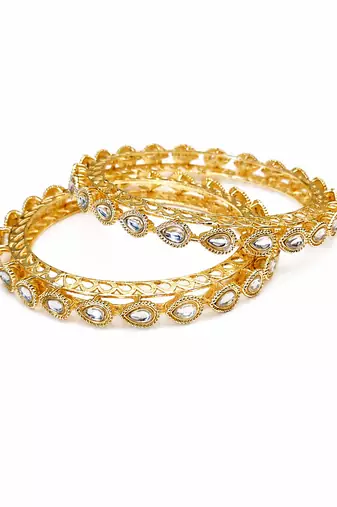 Gold-toned kundan bangles with teardrop stones, set of 2 filigree design, ethnic wear, white stone embellished.