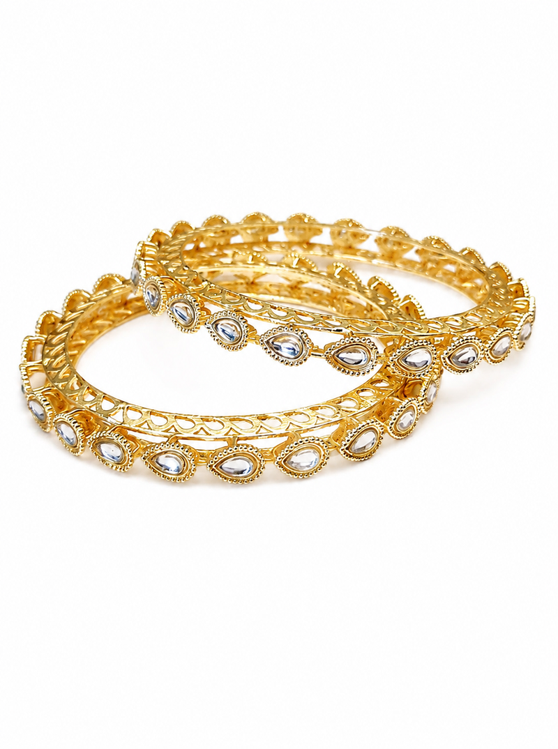 Gold-toned kundan bangles with teardrop stones, set of 2 filigree design, ethnic wear, white stone embellished.