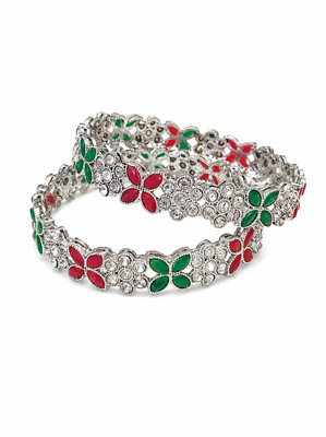Silver-toned floral bangle set with red and green stones crystal embellished, marquise cut stones, set of 2 bangles. 3